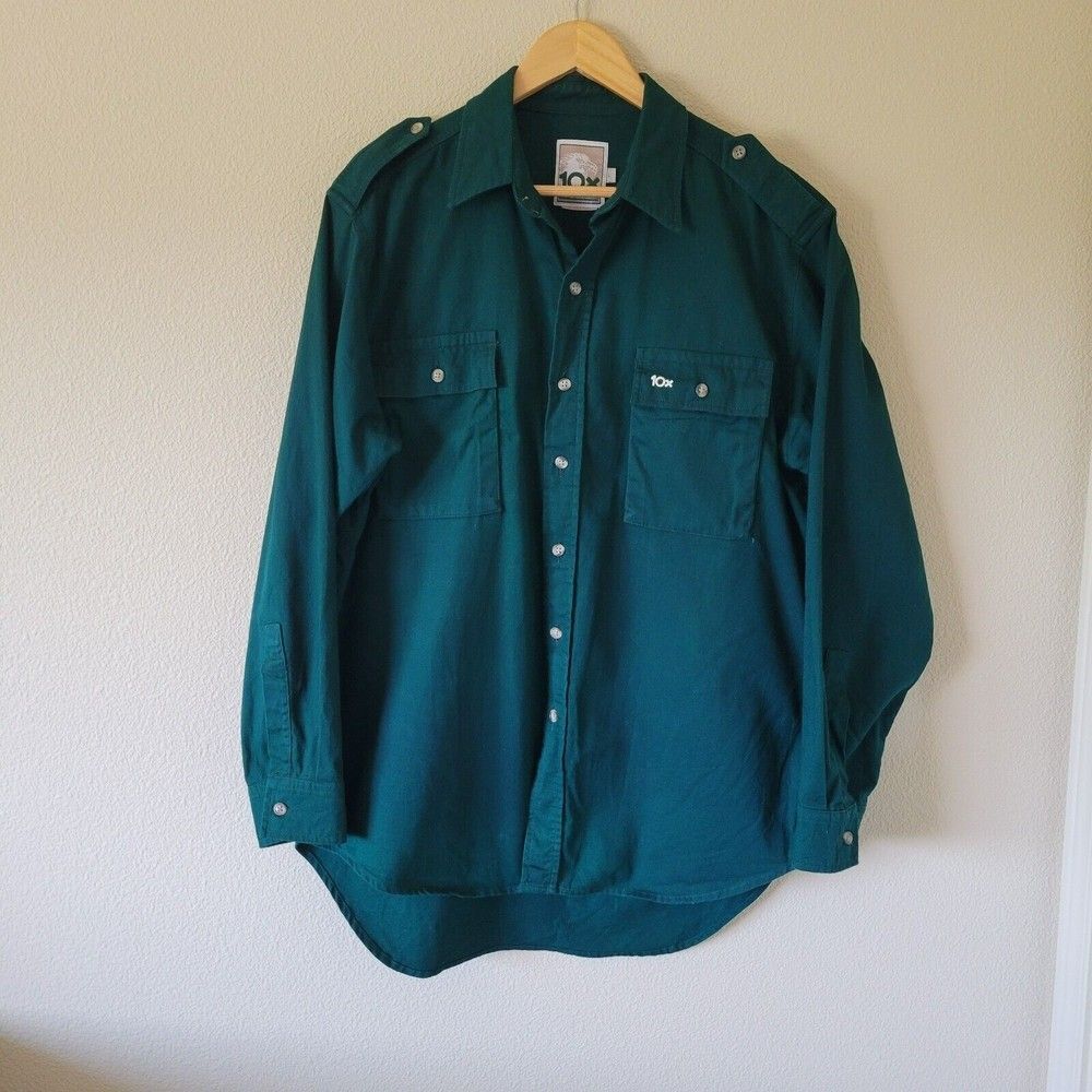 10X Forest Green Cotton Button Down Size L Oversized Military Style Epaulettes